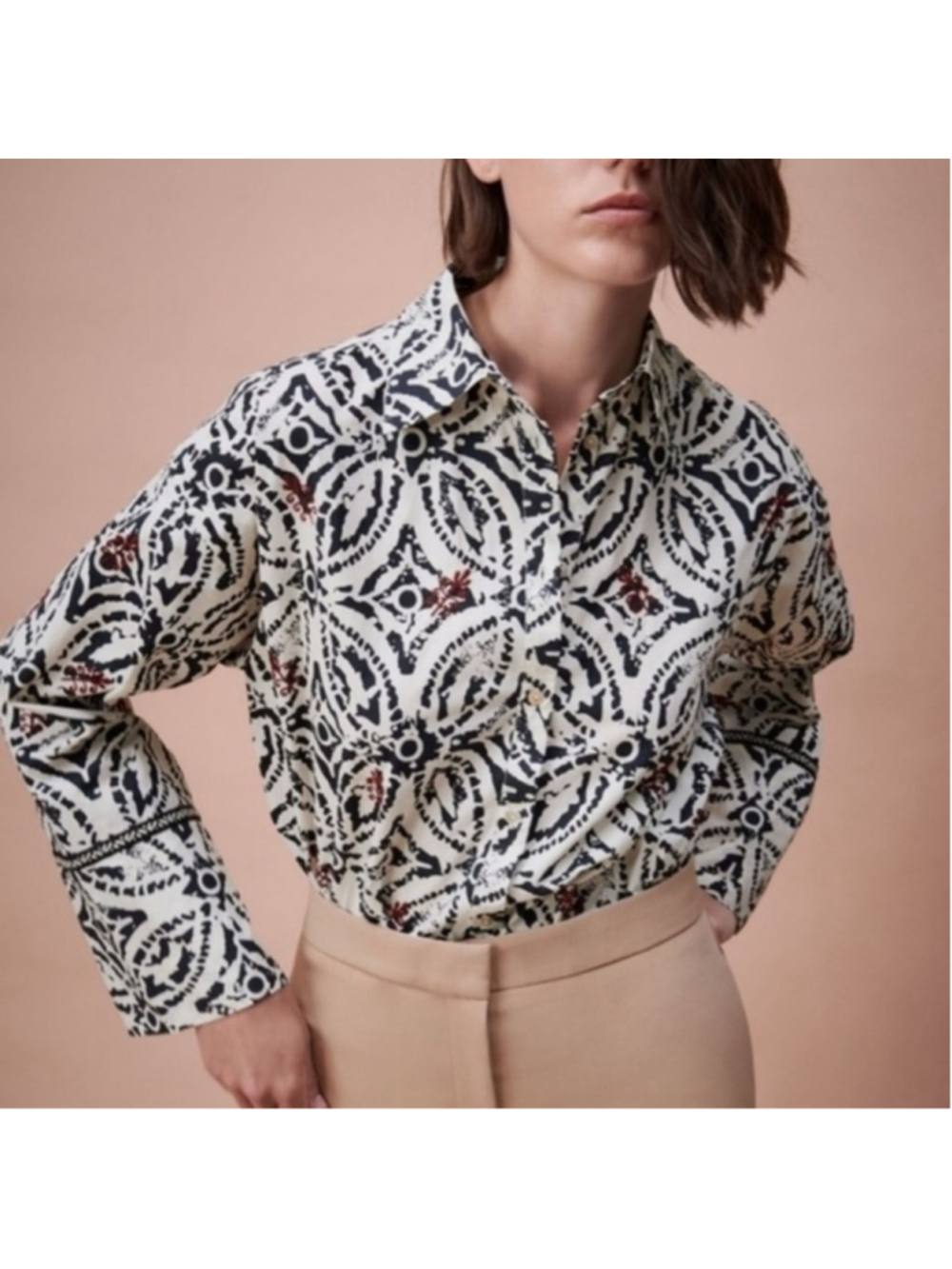 Zara NEW block print batik Oversized button front collared blouse Small NWT
